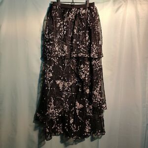 Black Tiered Floral Lace Maxi Skirt – Elegant Layered Sheer Overlay